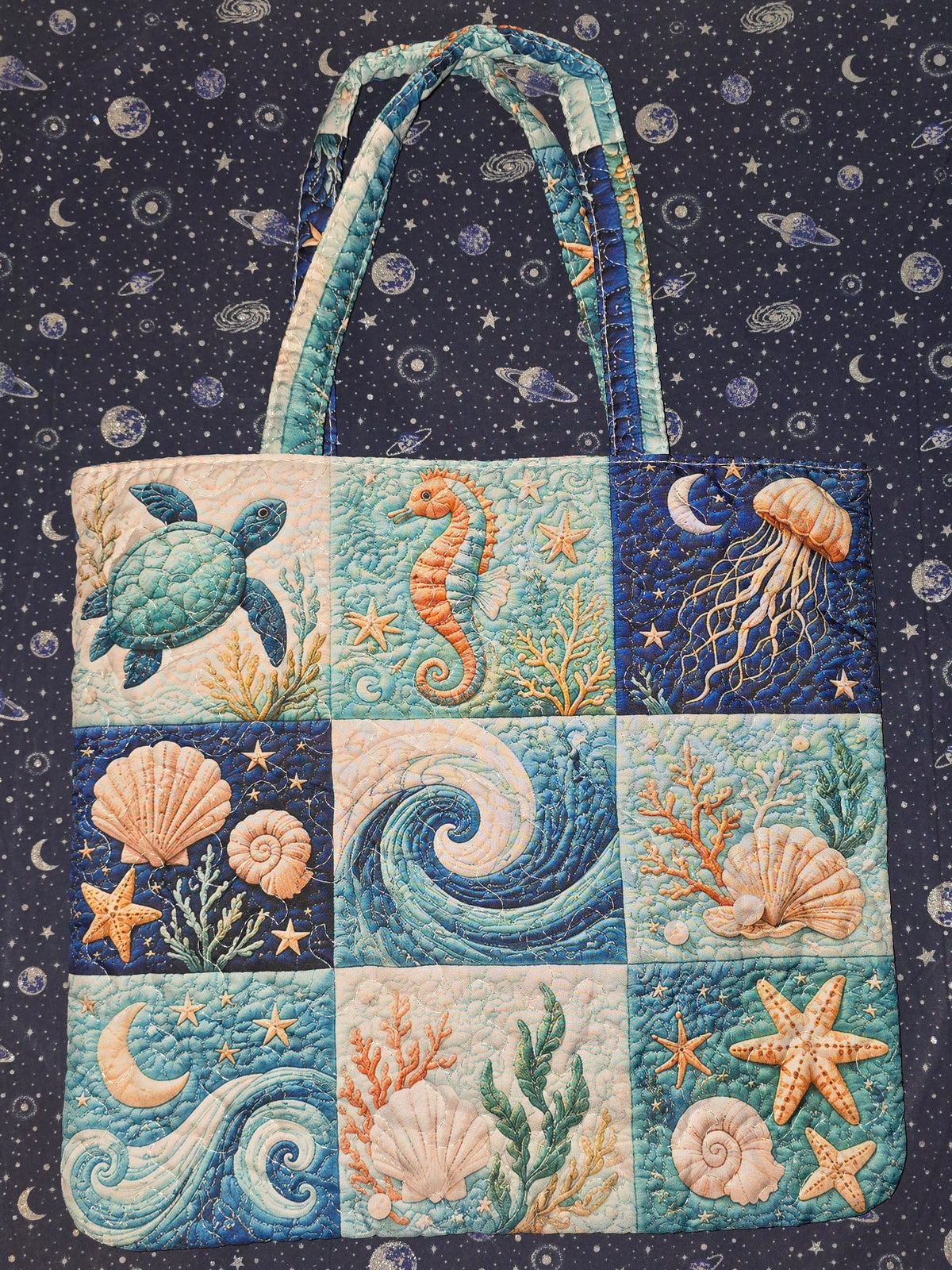 Quilted Tote Bag Sea Squares