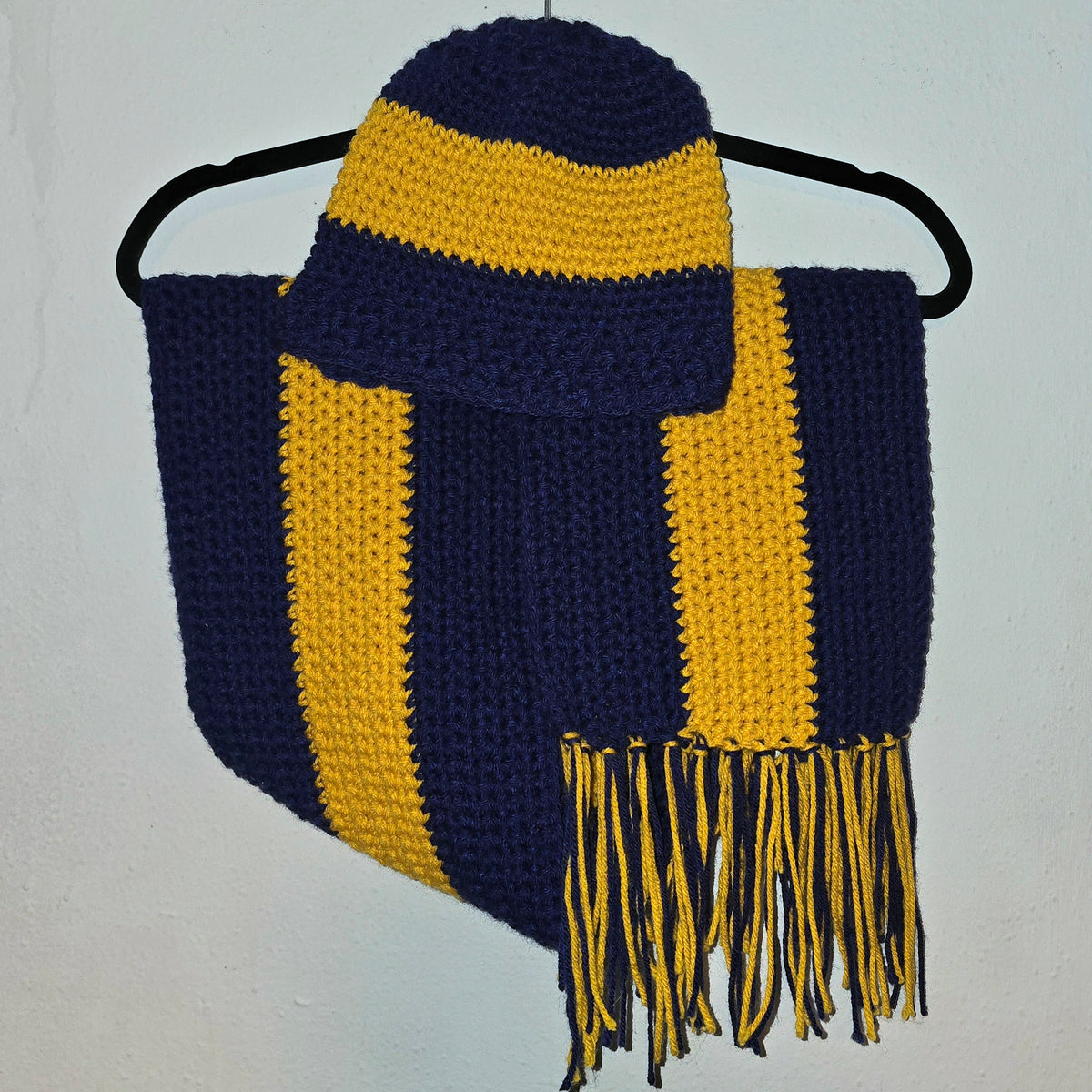 Handmade Crochet Scarf & Beanie Blue & Yellow