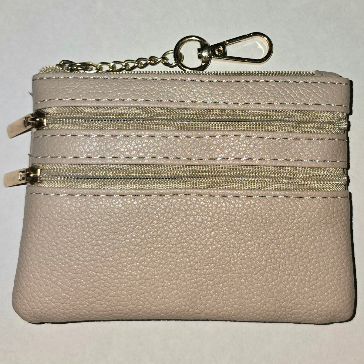 Triple Pocket Coin Purse Keychain Beige