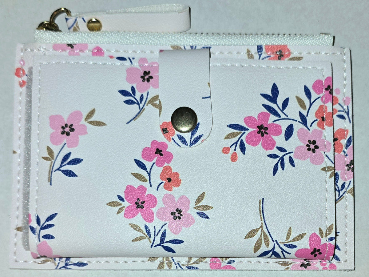 Card Holder Coin Purse White w/Pink Flowers